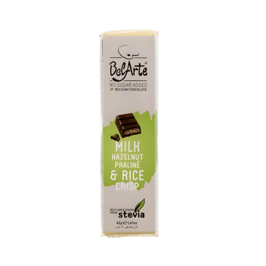 BEL ARTE SUGAR FREE MILK HAZELNUTS PRALINE AND RICE CRISPY CHOCOLATE BARS 42GR