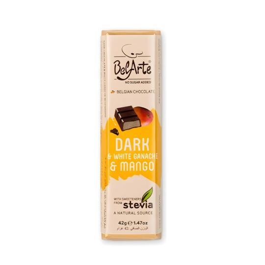 BEL ARTE SUGAR FREE STEVIA DARK AND WHITE GANACHE & MANGO CHOCOLATE BARS 42GR