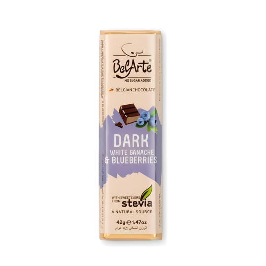 BEL ARTE SUGARFREE / STEVIA DARK AND WHITE GANACHE & BLUEBERRIES CHOCOLATE BARS 42GR