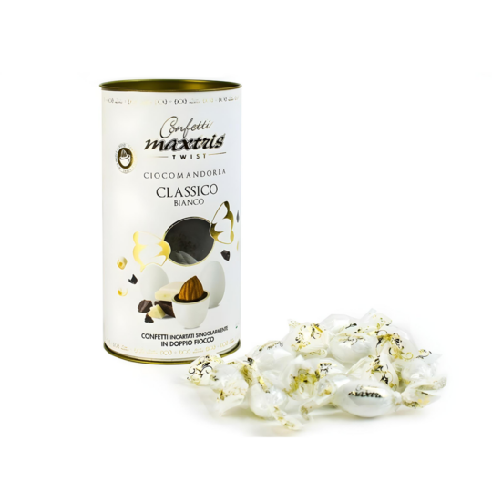 CONFETTI MAXTRIS CLASSIC ITALIAN ALMOND DRAGEE WHITE CYLINDER 100G